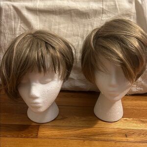 Set of 2 stylish Brown Women's Wigs, styrofoam display heads included .